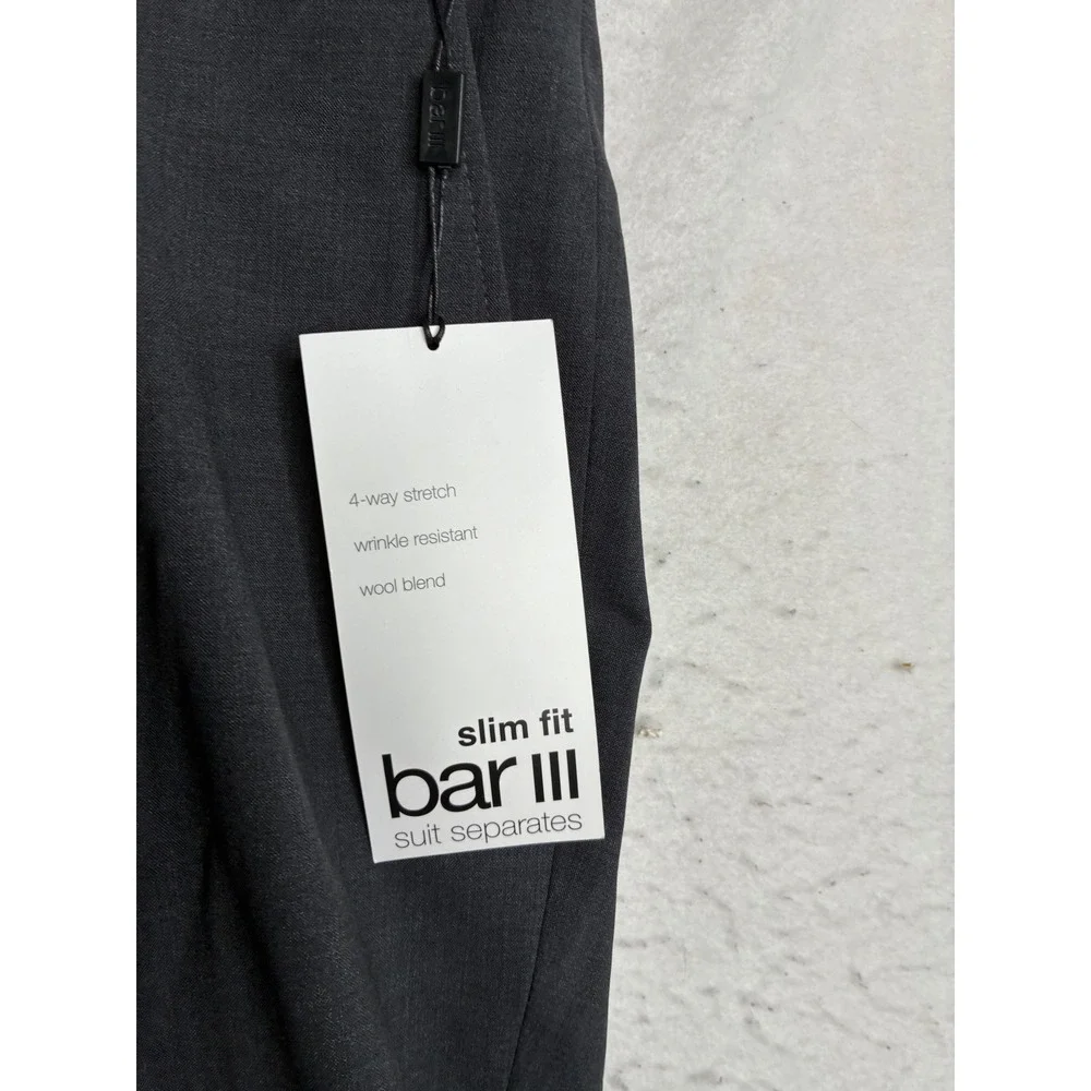NWT Bar III Mens Slim Fit Power Stretch Wool Blend Suit Pants Gray 36W 30L
